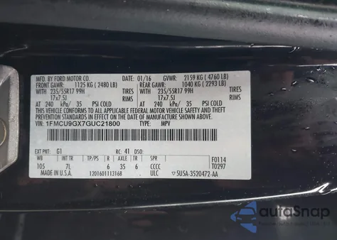 2016 Ford Escape Se z USA, uszkodzony, nr VIN 1FMCU9GX7GUC21800